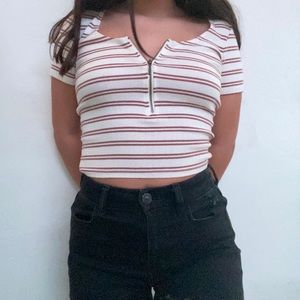 Forever21 white and maroon striped zip up crop top